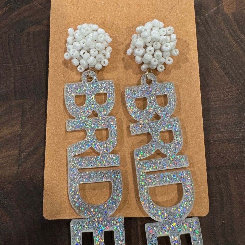 Sparkling BRIDE Dangling Statement Earrings with White Beaded Studs